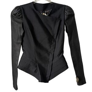 Thomas Wylde Black Structured Jacket SZ 2 Wool Silk Leather Blazer Made in Korea